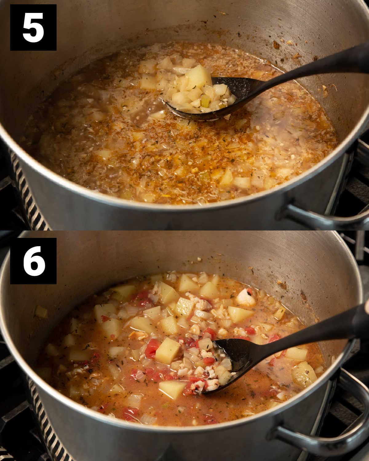 add potatoes, tomatoes, and clams to the pot