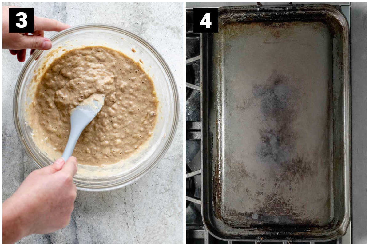 mix dry and wet ingredients together to make pancake batter and then heat the frying pan