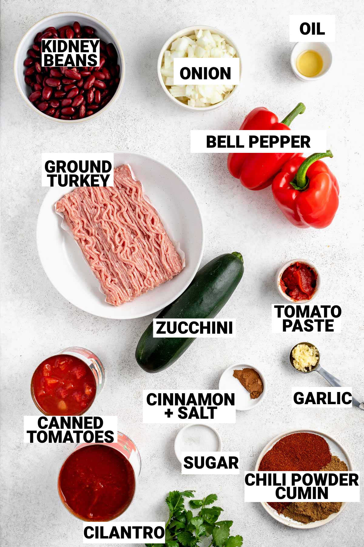 ingredients to make crockpot chili like ground turkey, vegetables, kidney beans, seasonings, tomatoes, and toppings