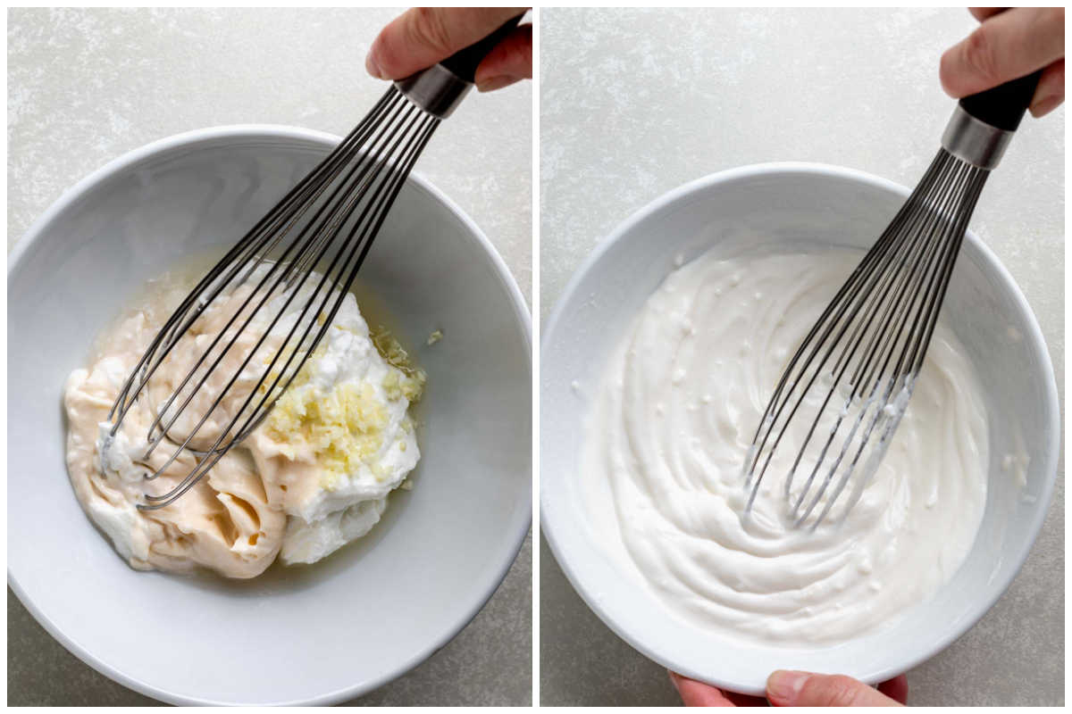 the aioli in the bowl before and after it is whisked together