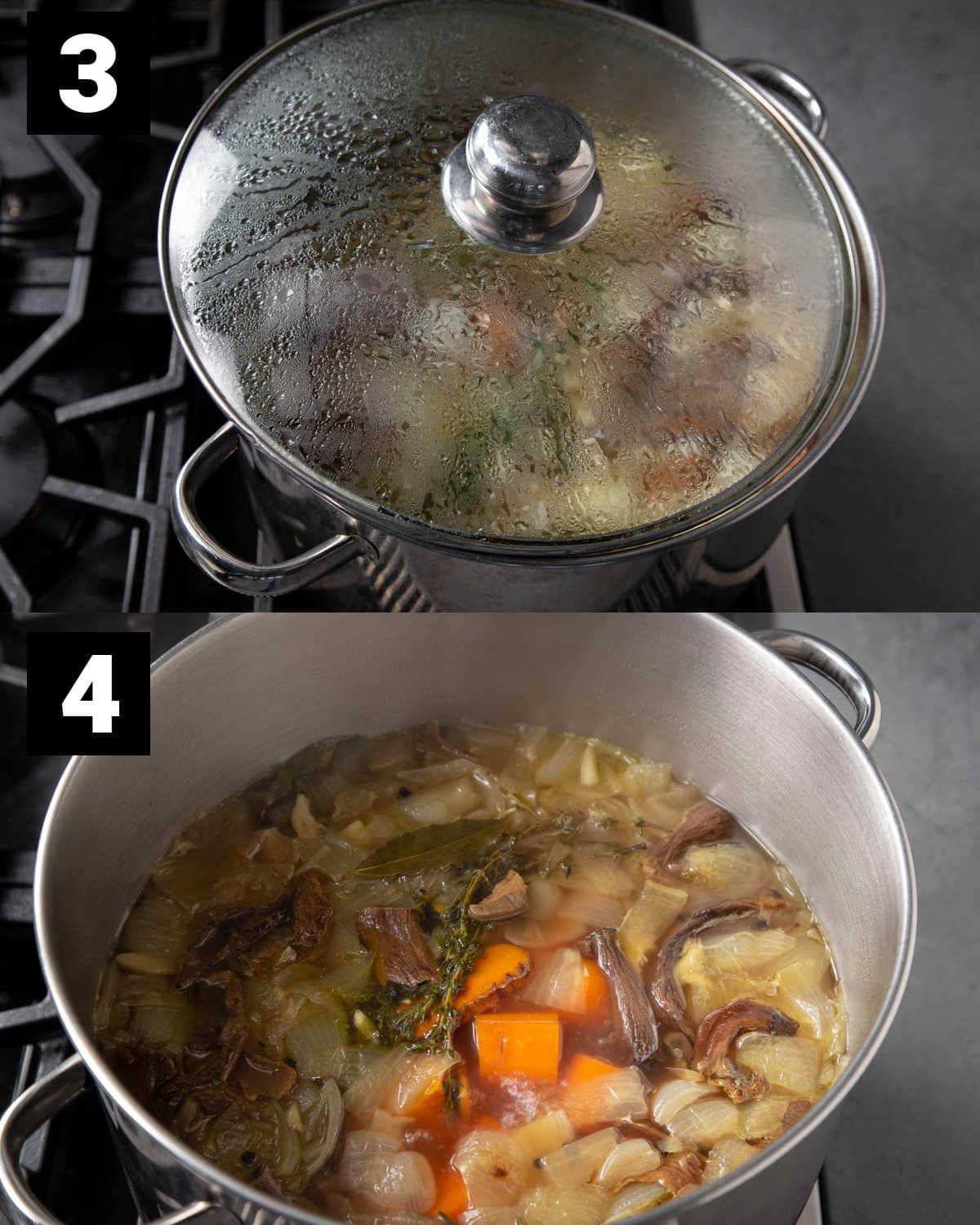 simmer vegetable stock in a large soup pot