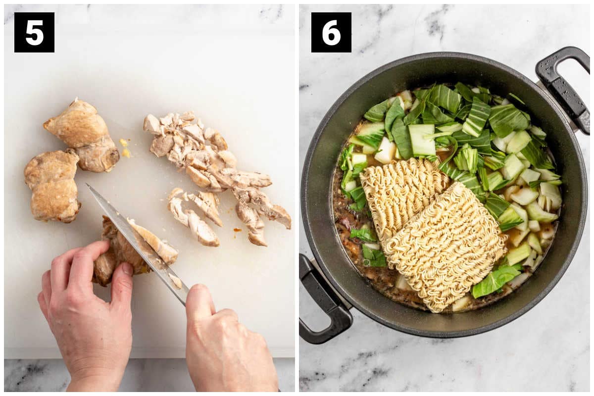 cut up chicken and then add ramen noodles and bok choy
