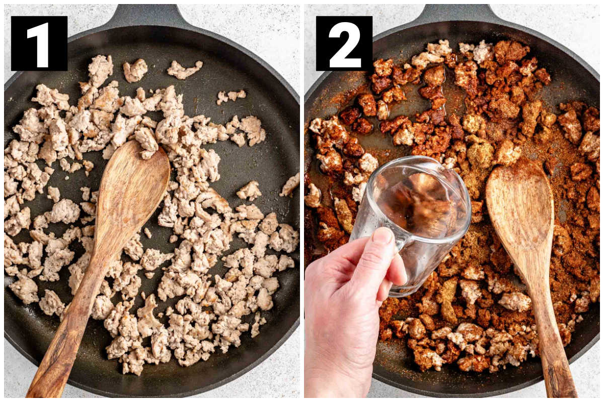 brown the ground turkey and add seasonings and water