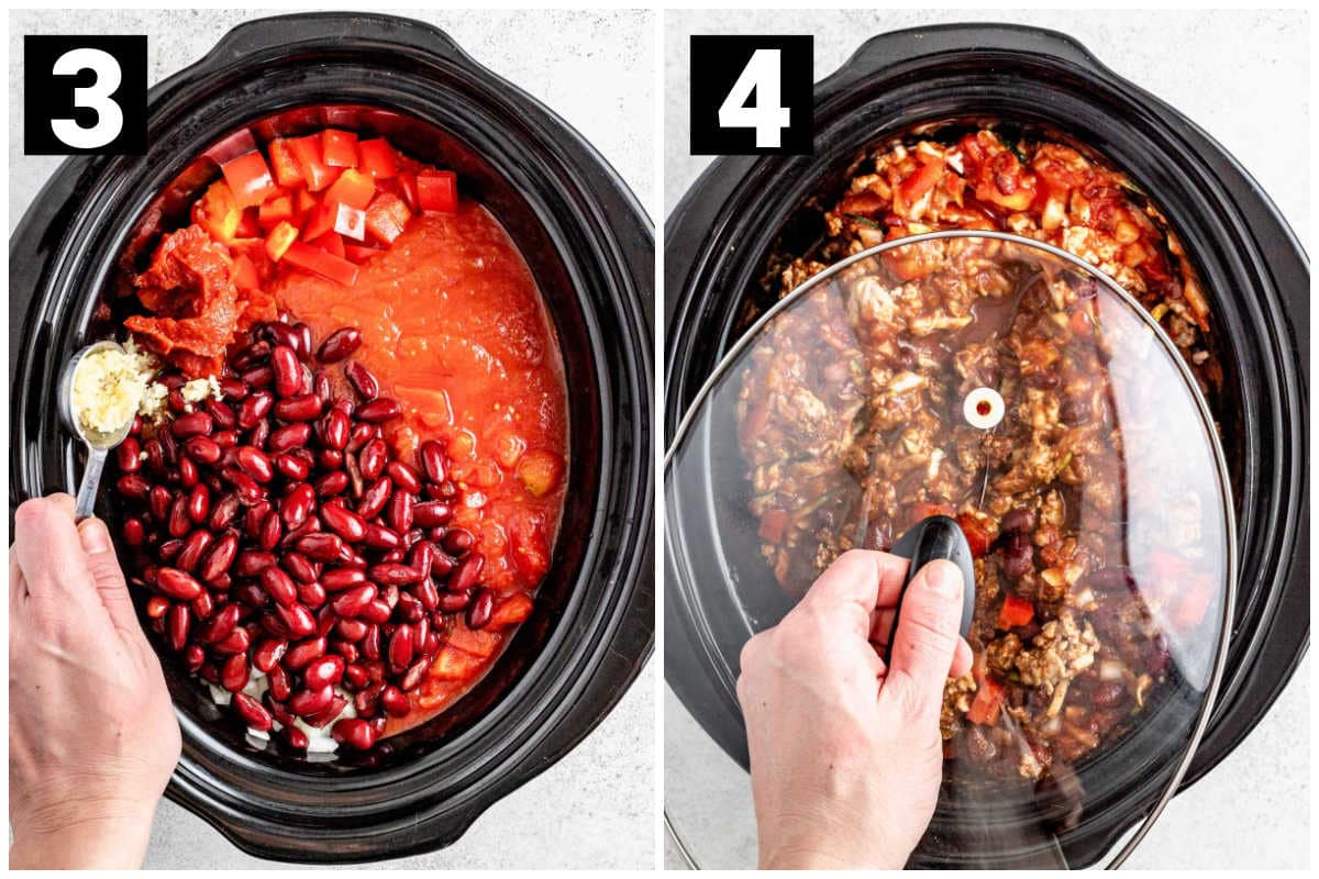add beans and vegetables and then cover the crock pot to cook for hours