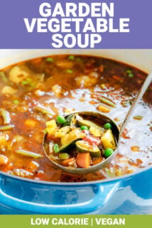 the soup in a ladle with text overlay