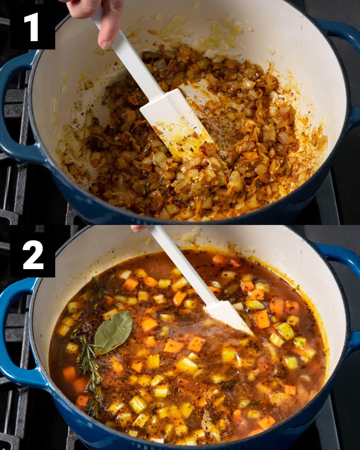 stirring the seasonings into the onion mixture and the soup with the veggies and broth added before it is simmered