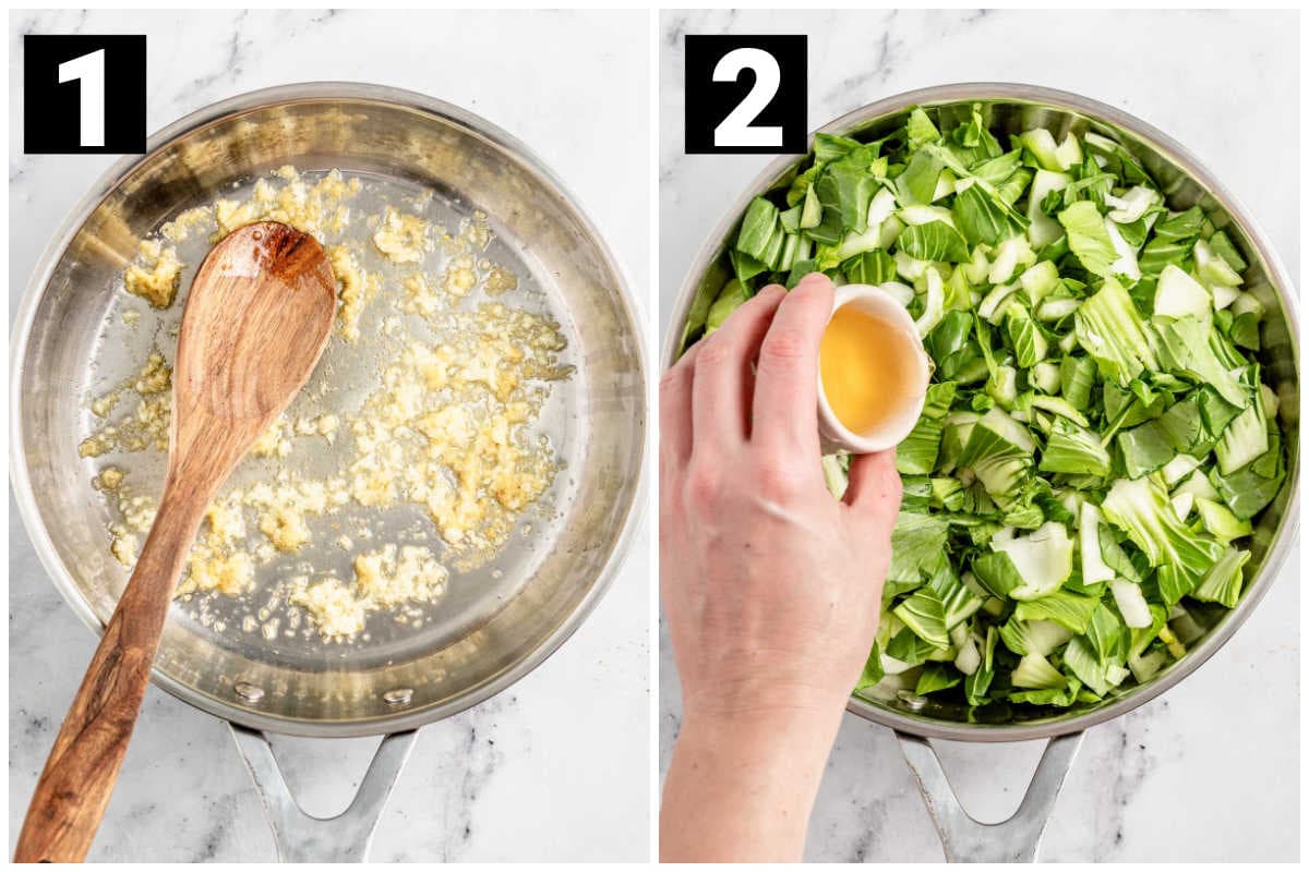 cook garlic and ginger and then add bok choy