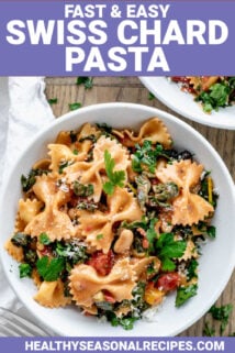 fast and easy swiss chard pasta with text overlay