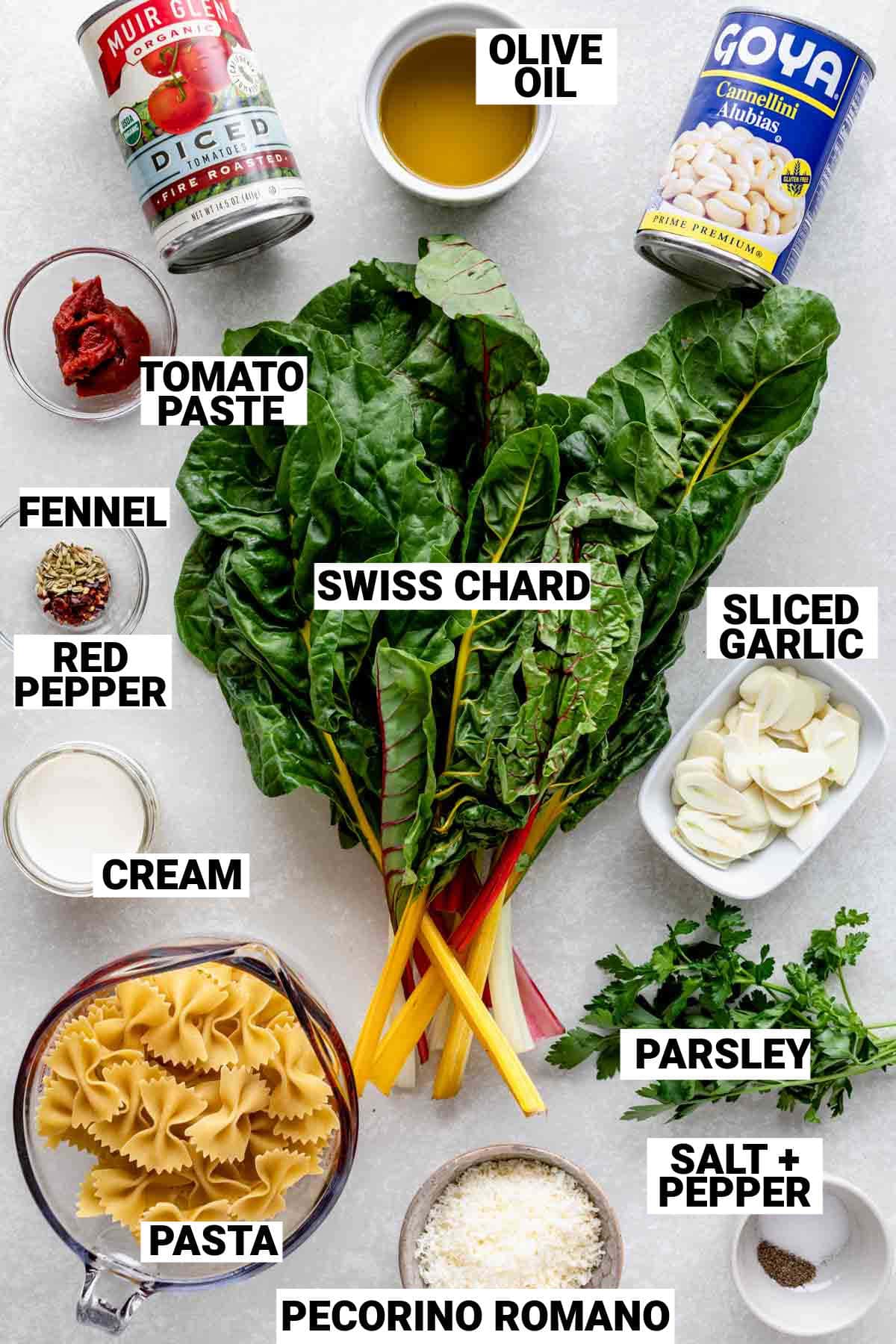 ingredients to make swiss chard pasta laid out on a white surface such as pasta, parsley pecorino romano, sliced garlic, white beans, tomatoes, and various seasonings