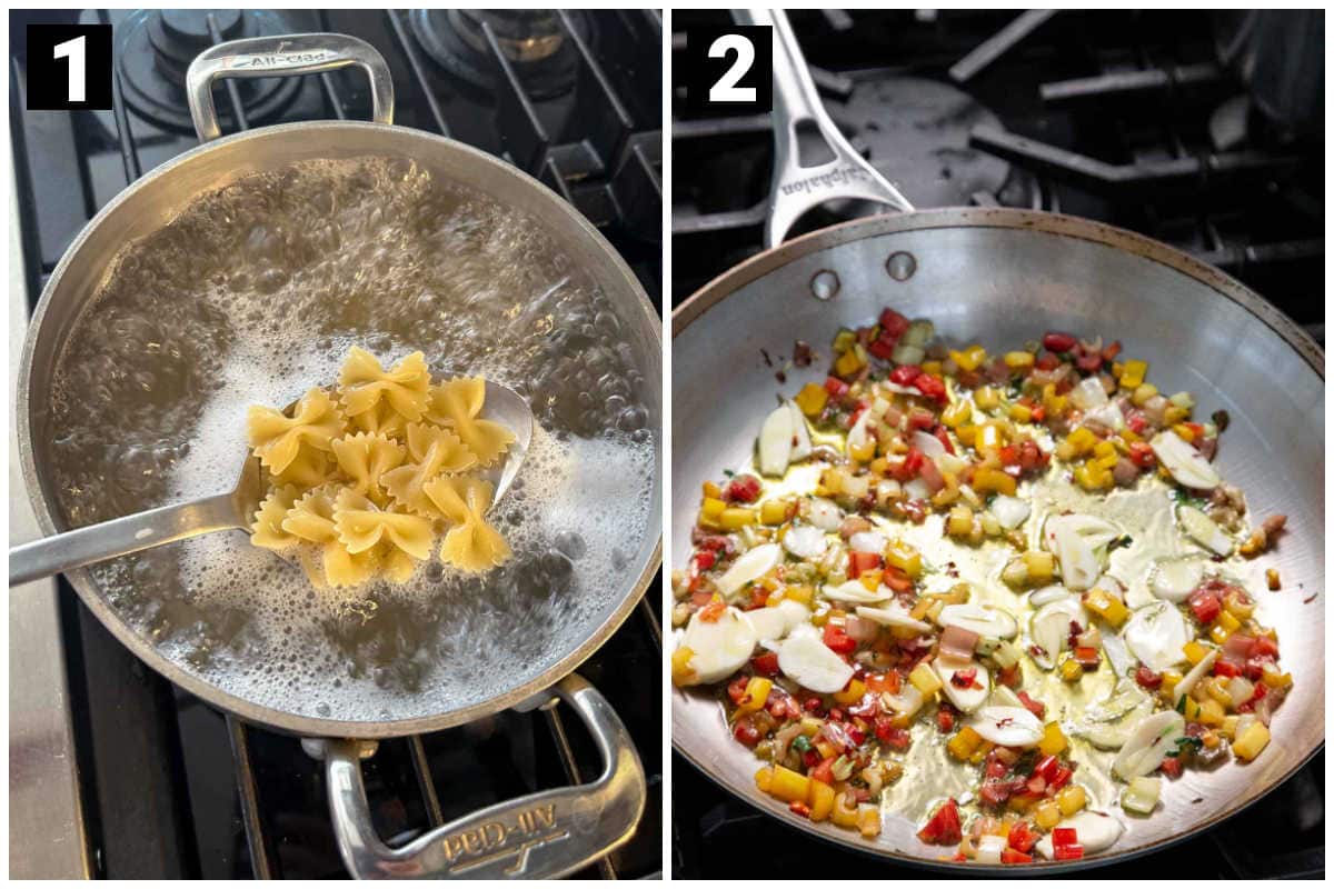 boil pasta and then cook the chard stems with seasonings