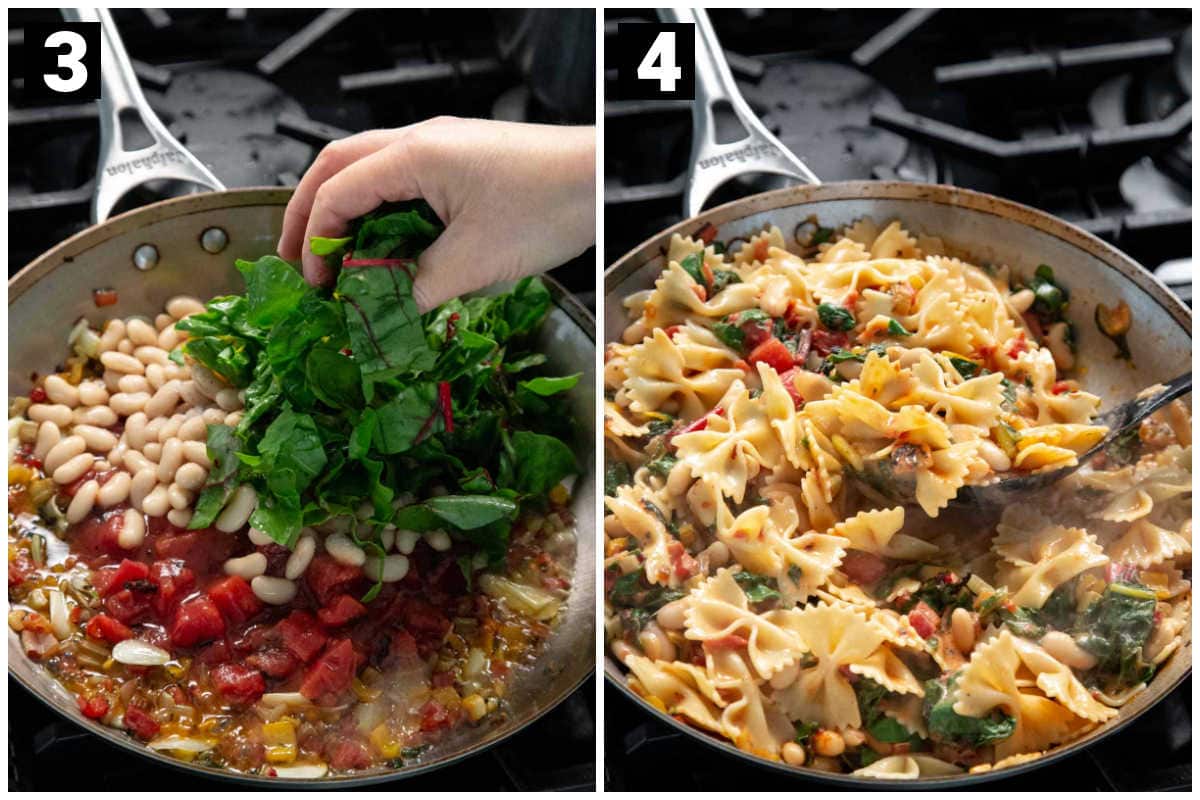 add chard leaves and beans, then add pasta and cream