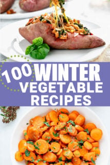 Collage of stuffed sweet potato and glazed carrots with text overlay