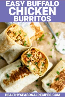 easy buffalo chicken burritos with text overlay