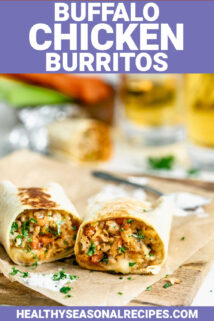 buffalo chicken burritos with text overlay