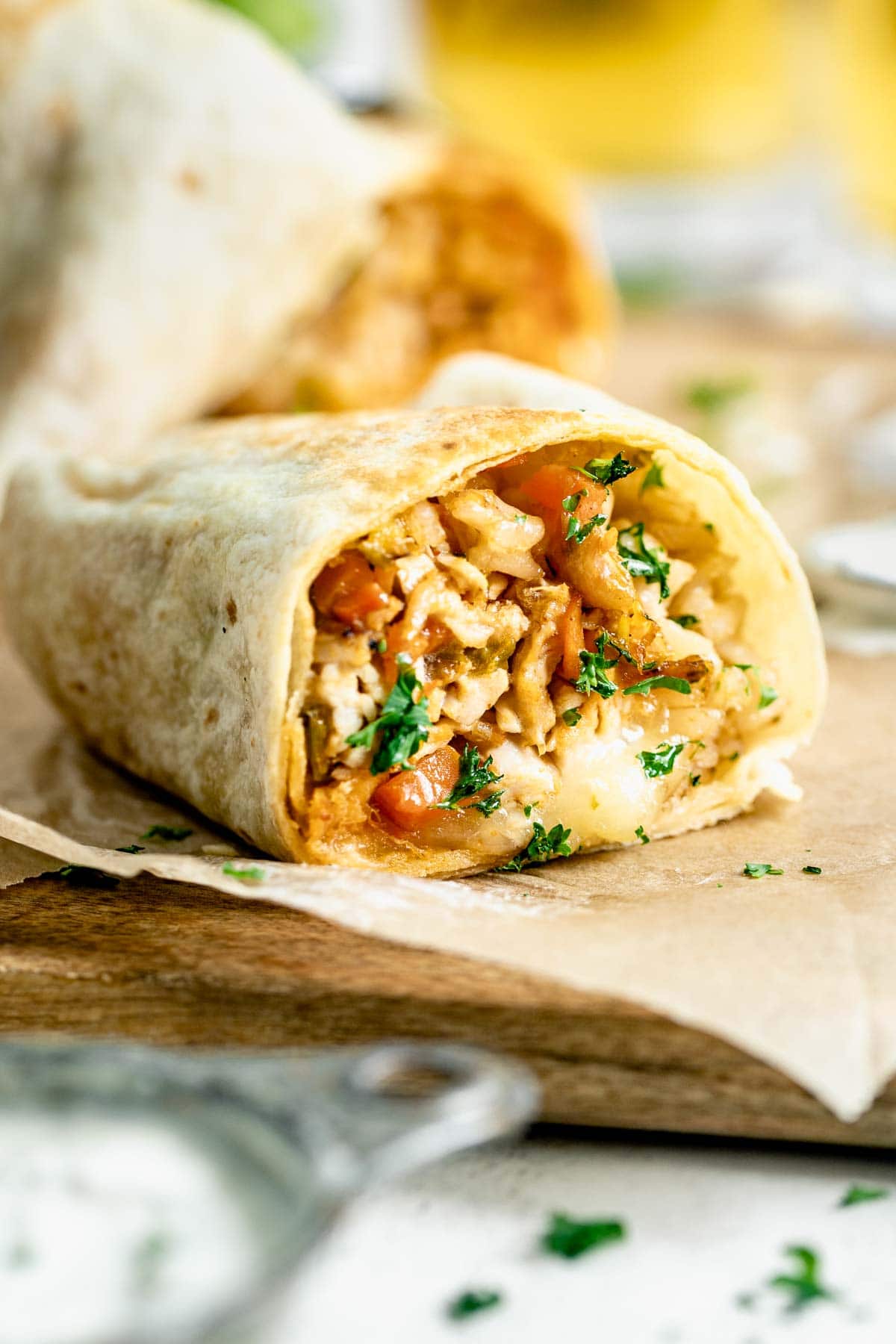 Close up of inside of buffalo chicken burriot