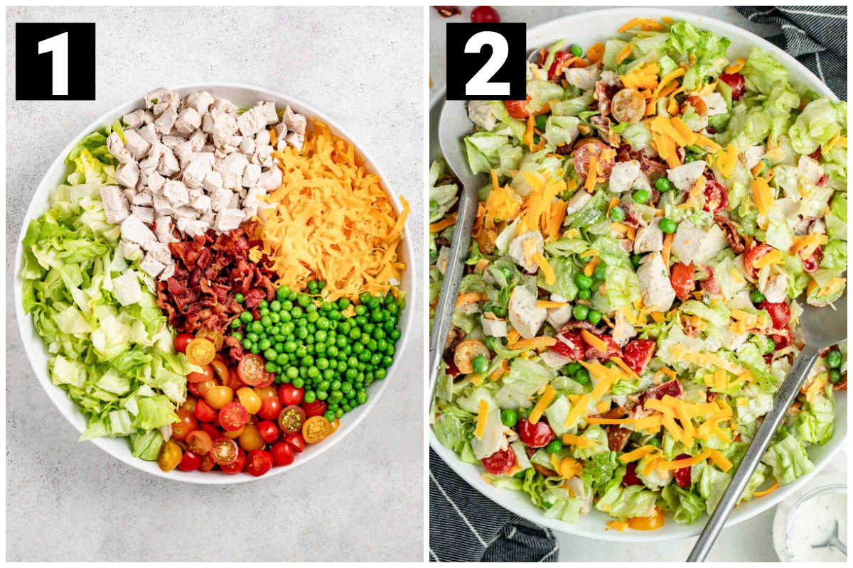 put all of the ingredients in a bowl and then toss with the dressy until it's evenly coated