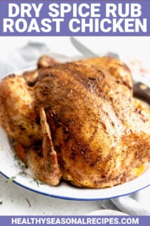 whole spice roasted chicken from the side with text overlay