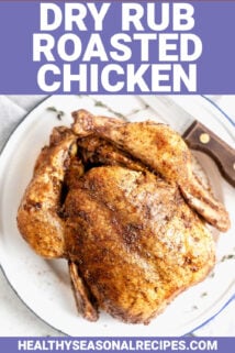 whole spice roasted chicken from overhead with text overlay