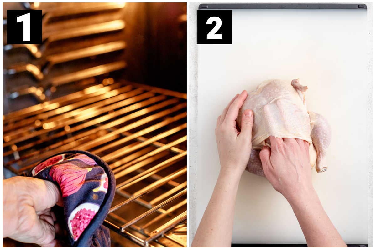 setting the oven rack in the center of the oven and loosening the chicken skin
