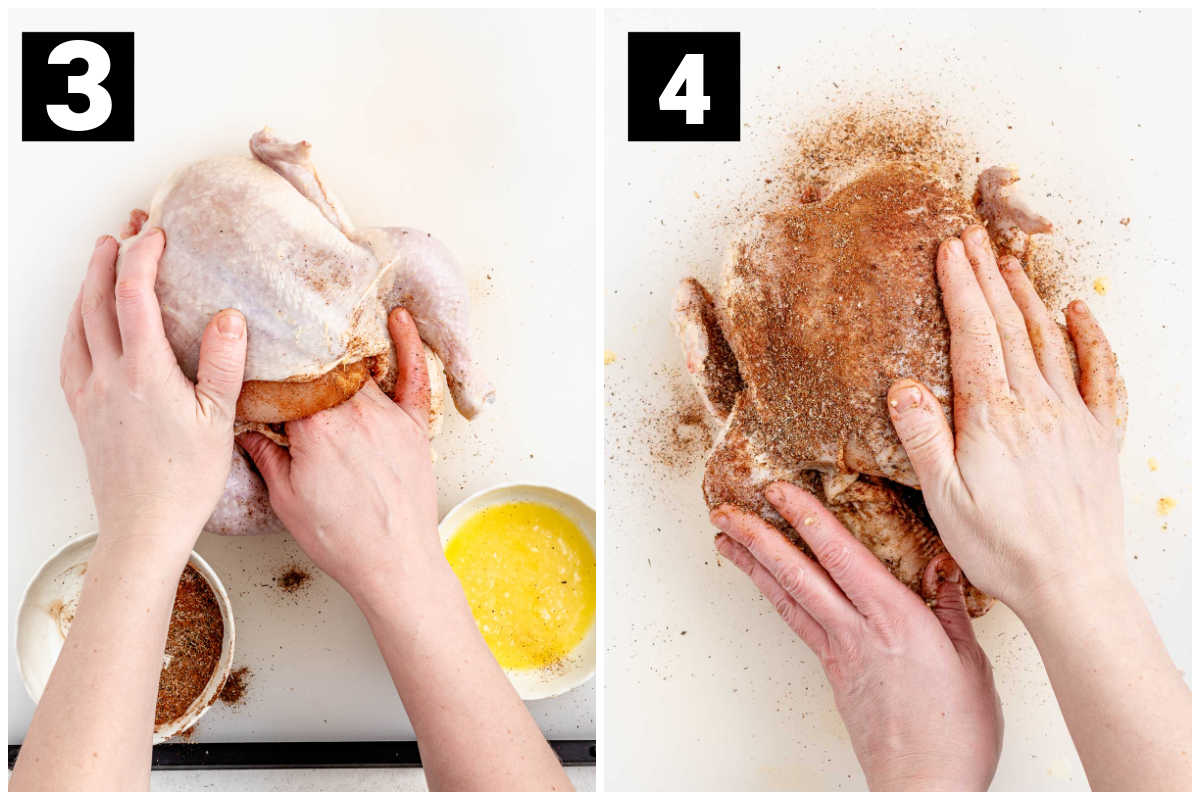 sprinkling the spice into the cavity and rubbing spice over the chicken