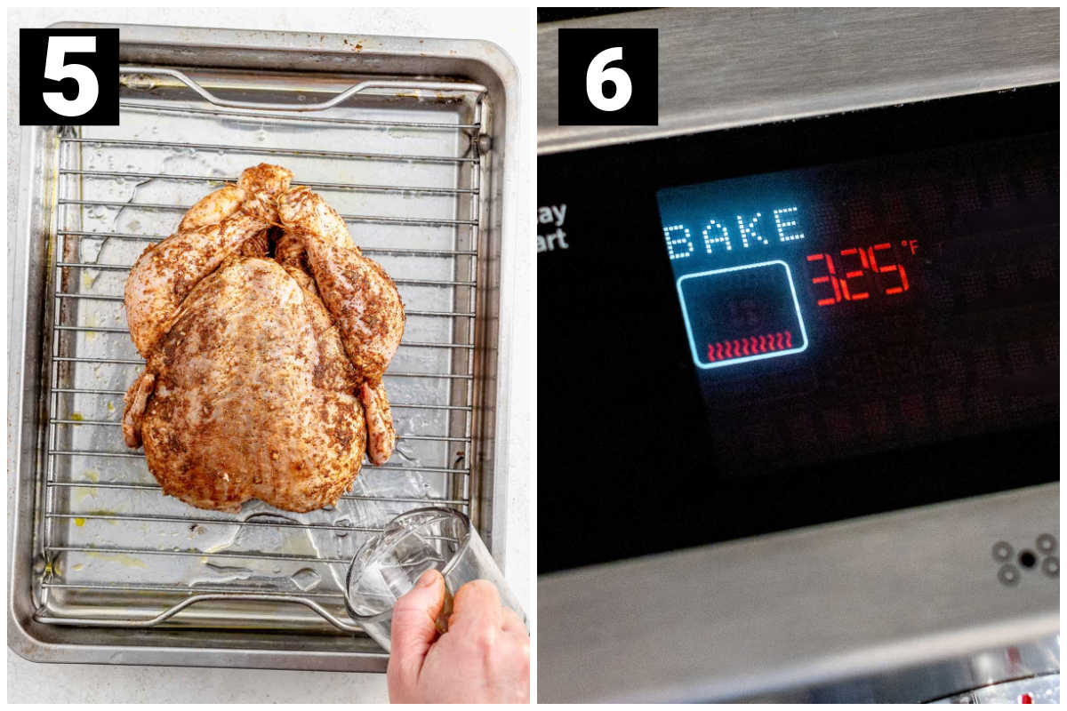 setting the chicken on the roasting pan and baking at 325