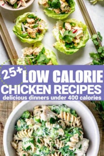 lettuce cups and chicken alfredo with broccoli with text overlay