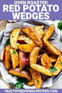 roasted red potato wedges with text overlay