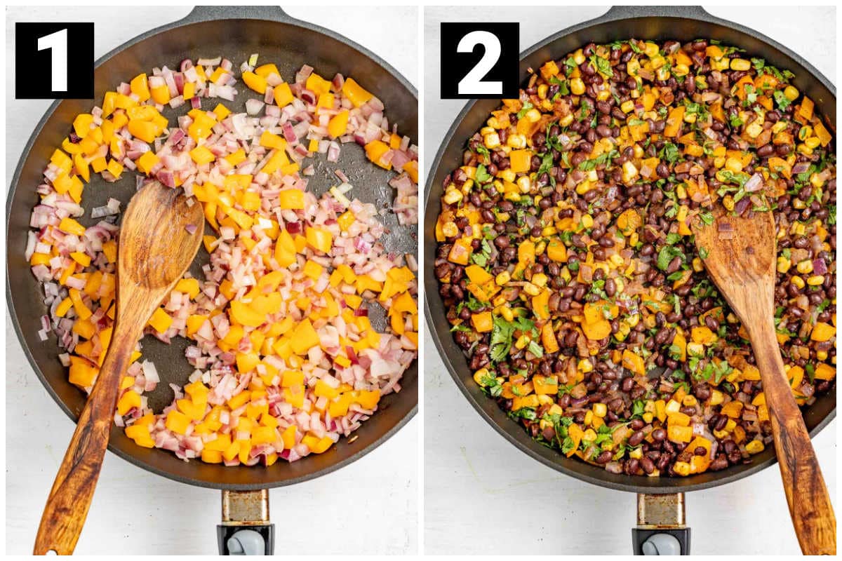 cook the veggies in a skillet and then add beans