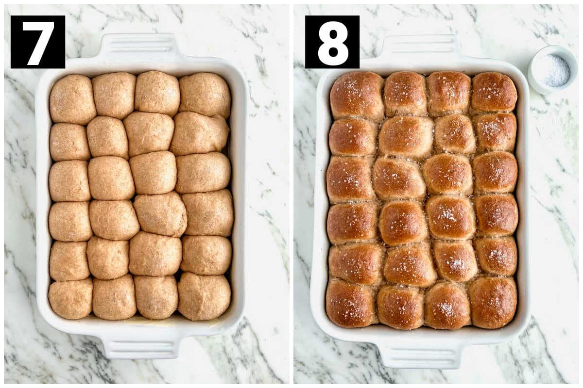 place balls in baking sheet and bake until the top is browned, then sprinkle with kosher salt