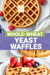 waffle from overhead (top photo) and from the side (bottom photo, with text overlay in the center
