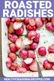 roasted radishes with text overlay