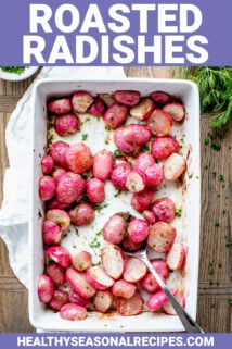 baked radishes with text overlay