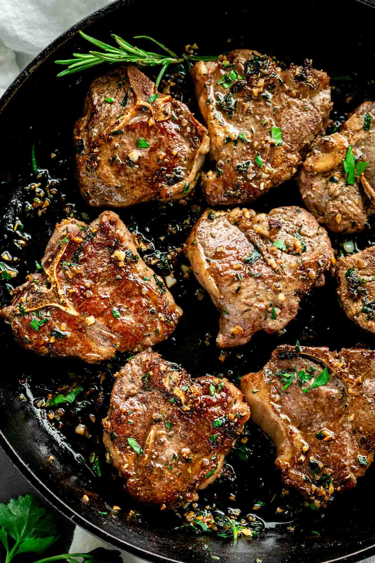 pan seared lamb loin chops in skillet
