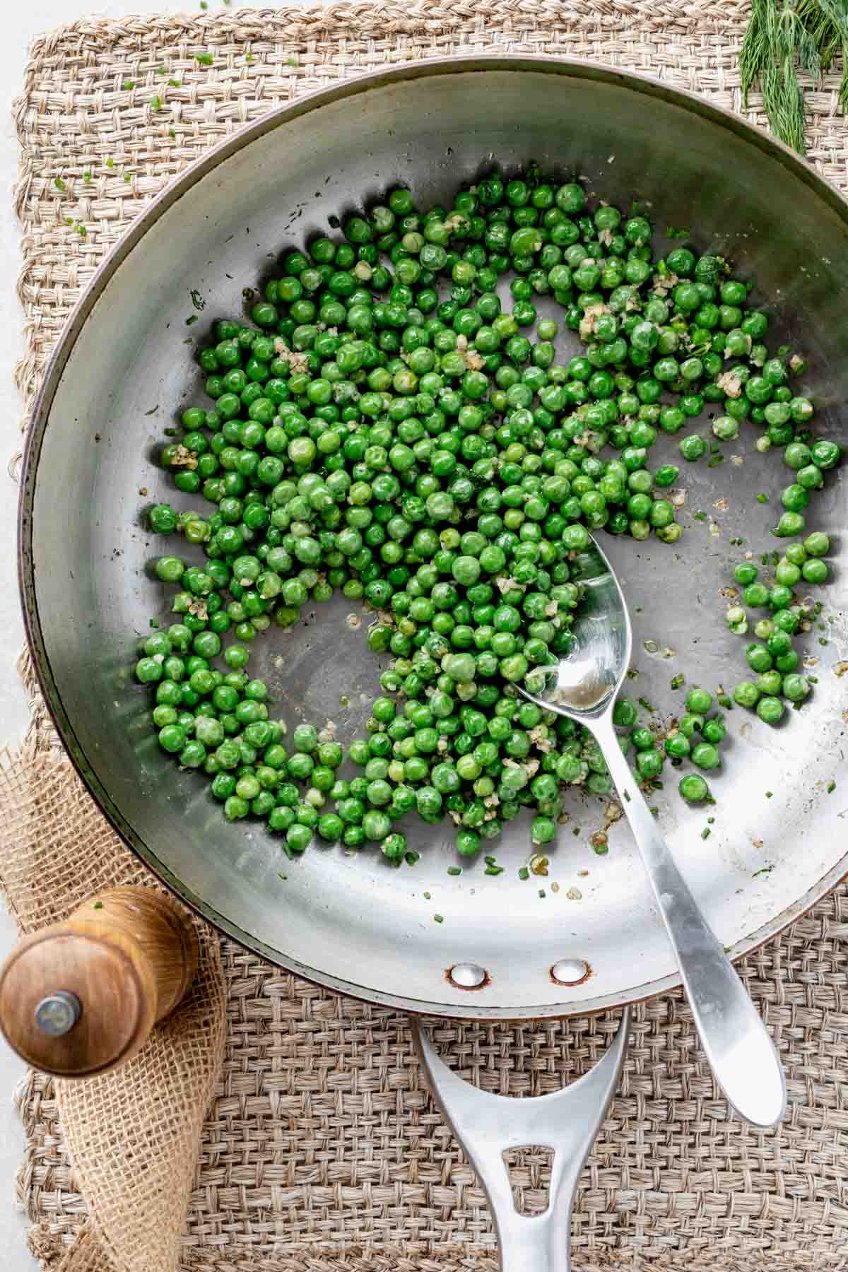 peas in a skillet from overhead