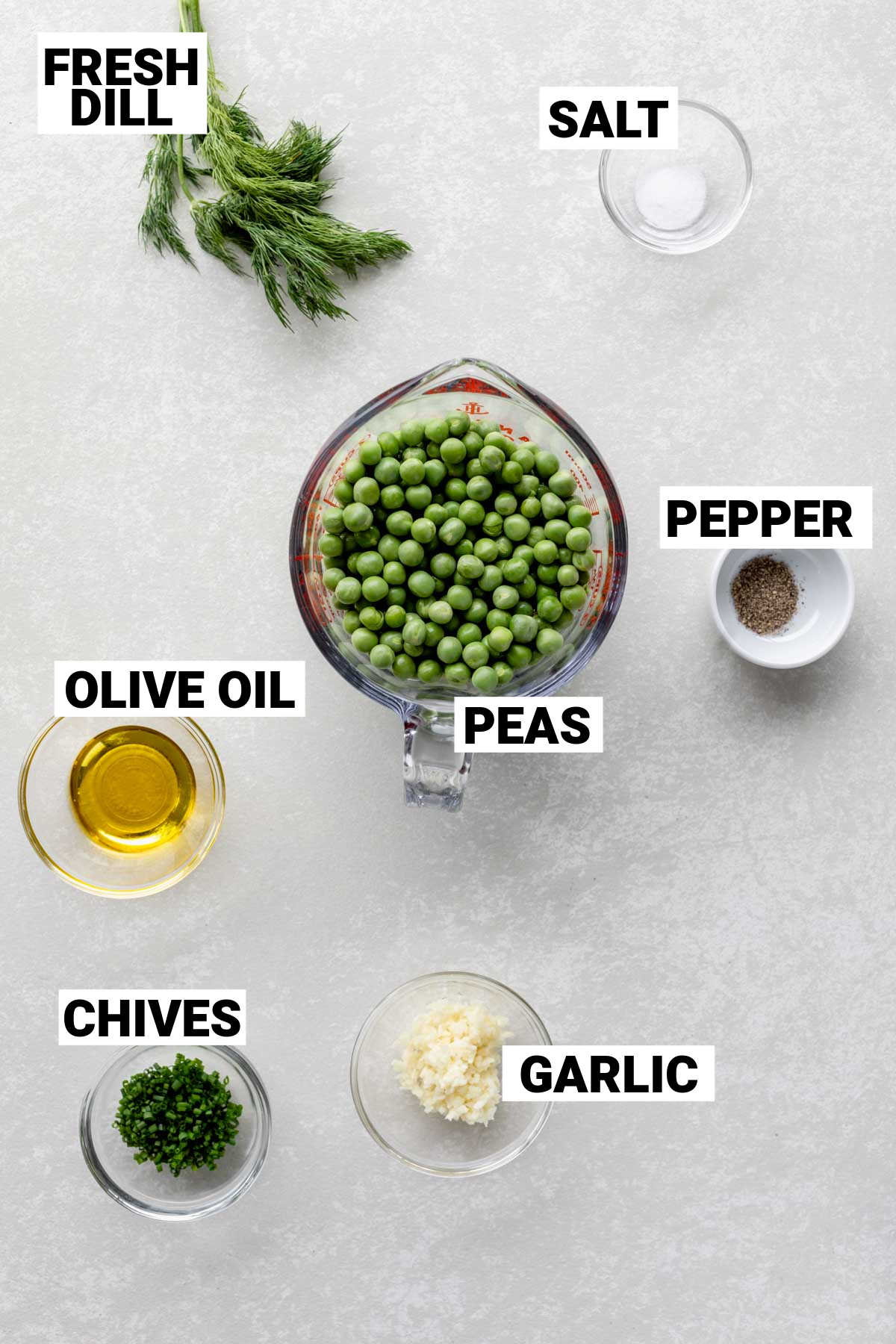 the ingredients for sauteed peas with text overlay