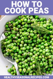 peas in a white bowl with text overlay