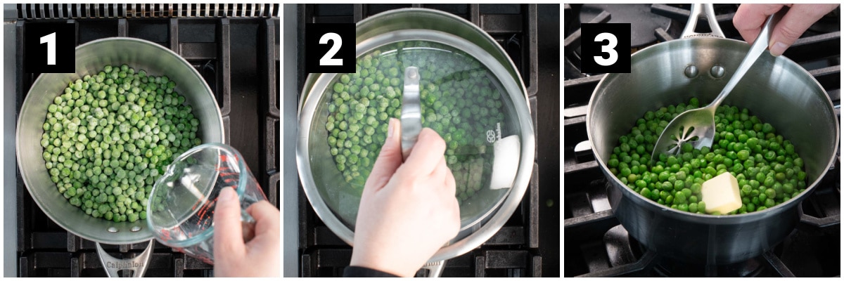steaming peas in a saucepan without a steamer basket