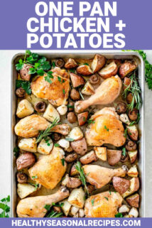 one pan chicken and potatoes with text overlay