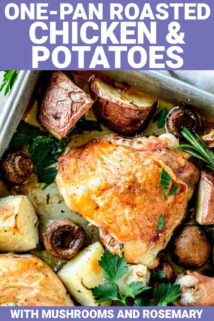one pan roasted chicken and potatoes with text overlay