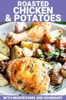 roasted chicken and potatoes with text overlay