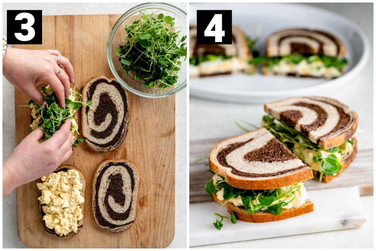 add the watercress to compile and then slice the sandwiches