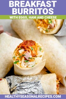 breakfast burritos with text overlay