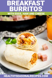 ham breakfast burritos with text overlay