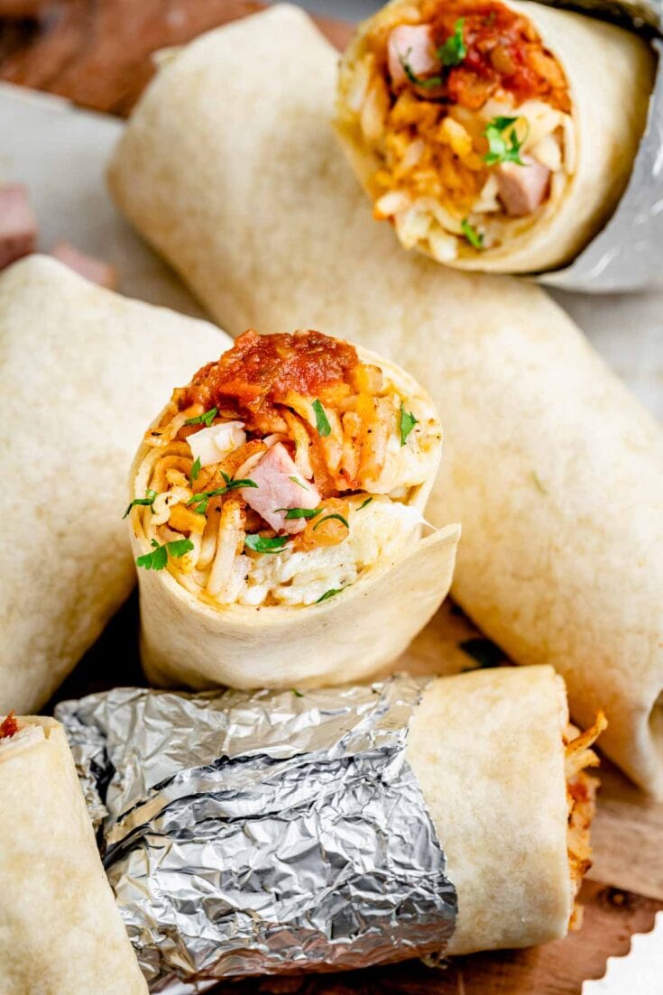 close up of cut burrito