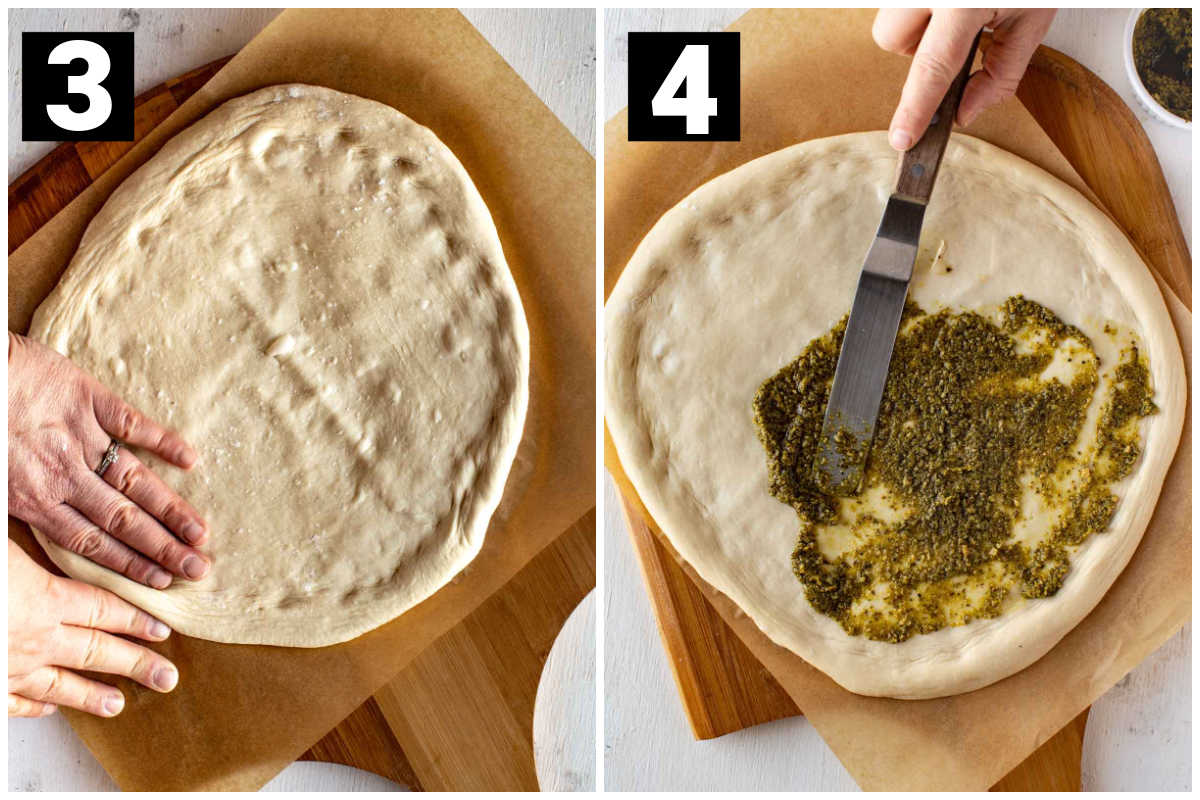 make a one inch lip around the dough and spread the pesto on