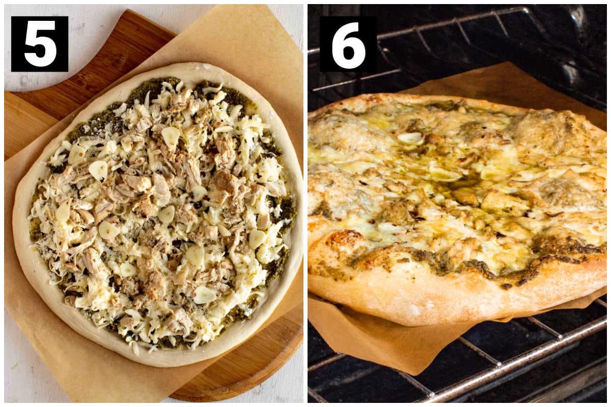add chicken, herbs, and cheese to the pizza and then bake