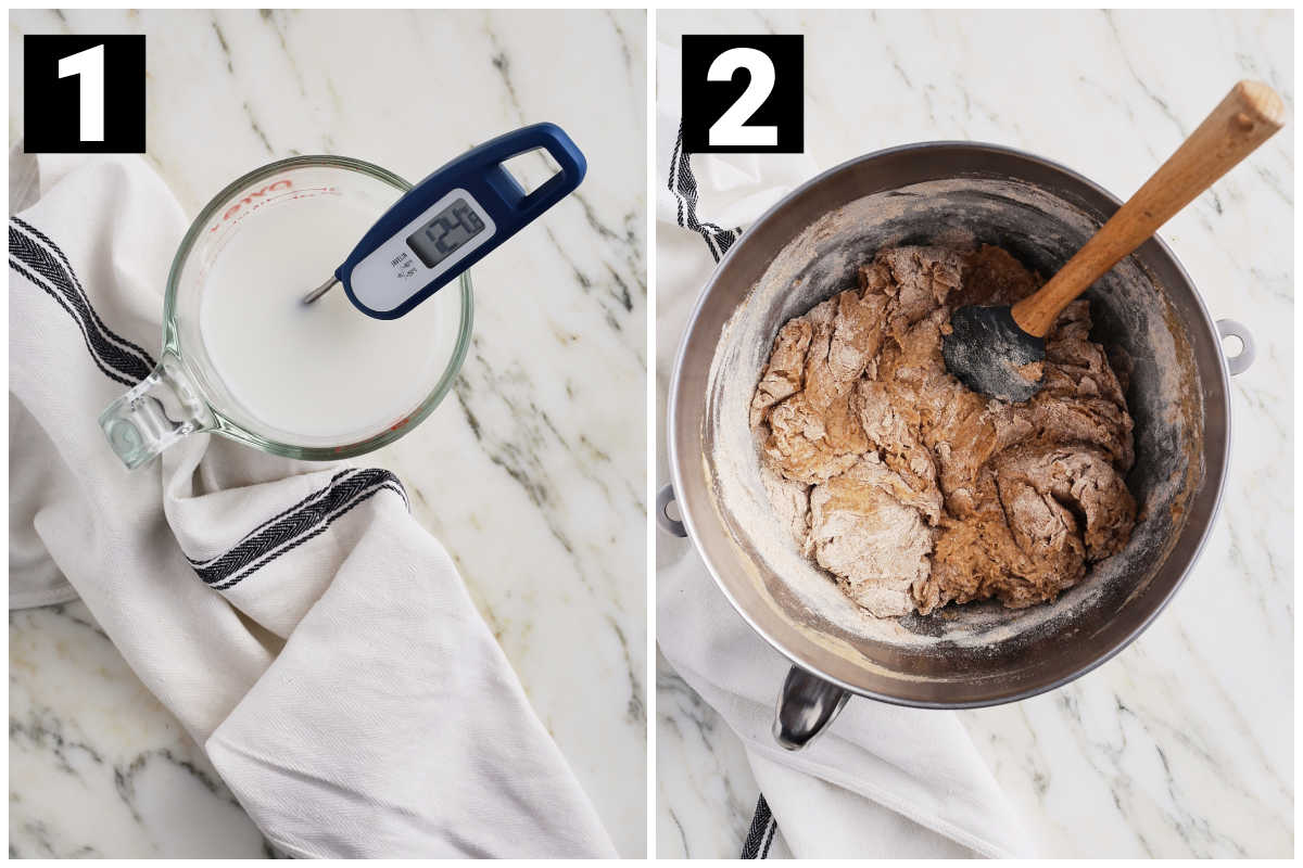heating milk and water and then combining dry and wet ingredients into a dough