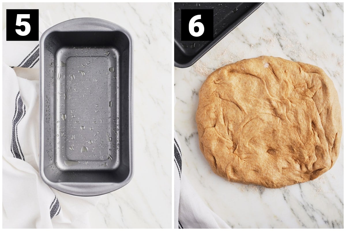 the prepped pan and the dough shaped into a rectangle