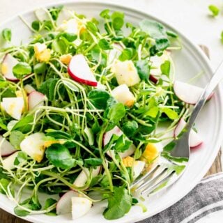 close up of dressed cress salad in circular white bowl with fork