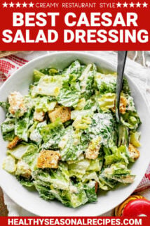 creamy caesar in a white bowl with text overlay